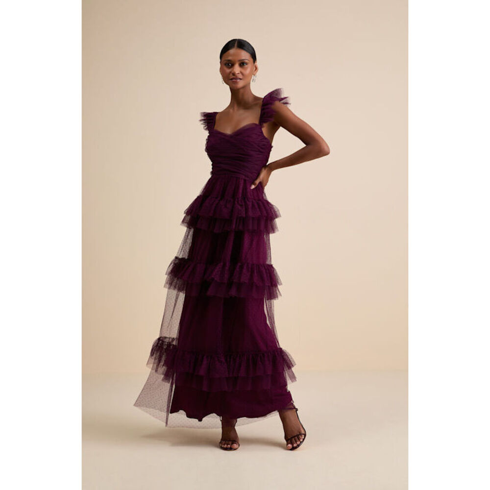 Lulus Pure Radiance Plum Purple Mesh Swiss Dot Tiered Maxi Dress - Size S